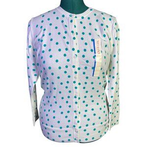 Merona White & Teal Polka Dot Cardigan Sweater Women Large Long Sleeve NWT